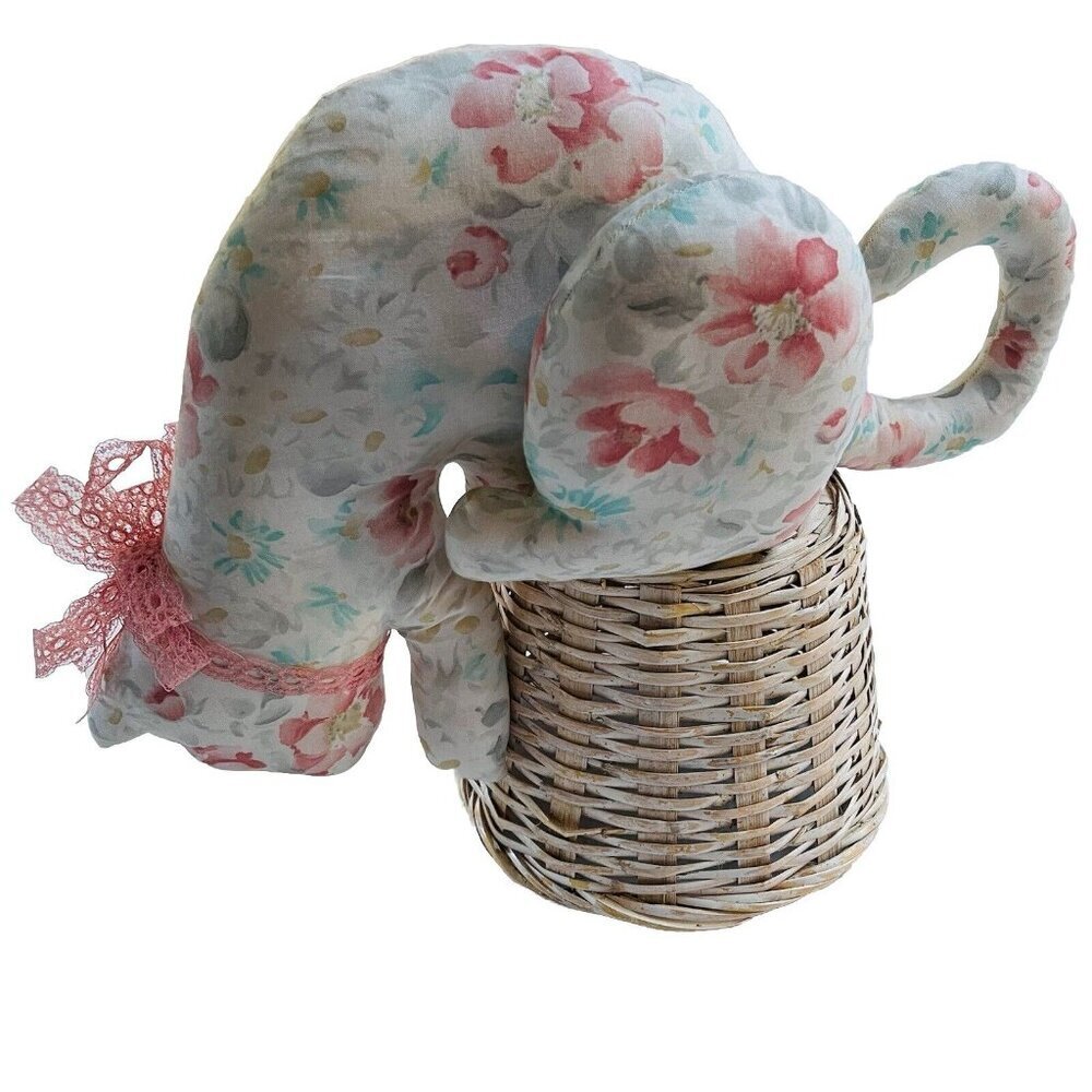 Vintage Handmade Sewn Cat Shelf Sitter Plush Stuffed Pink Flowers Lace Kitten